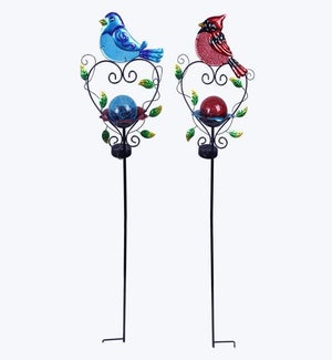 Metal Solar Bird On Heart Shape Stake, 2 Ast