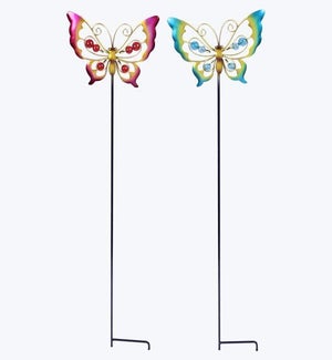 Metal Butterfly Cutout with Color Glass Yard Stake 2 Ast