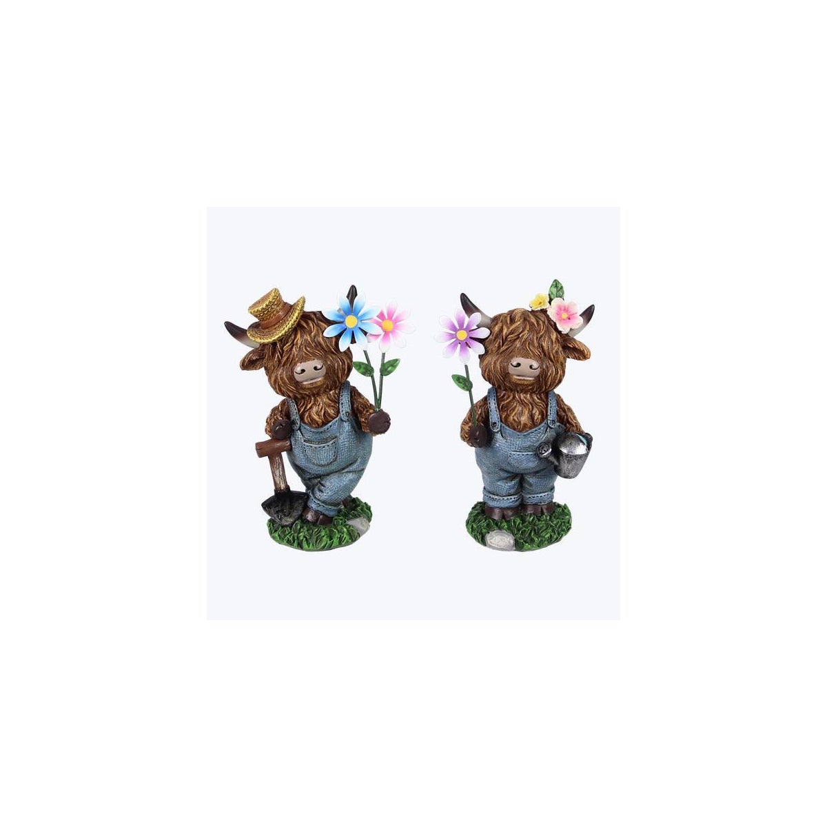 Resin Garden Highland Cow with Metal Flower 2 Ast