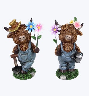 Resin Garden Highland Cow with Metal Flower 2 Ast