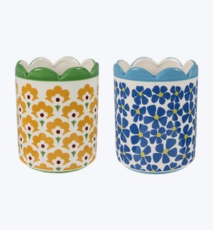 Ceramic  Flower Pattern Blue/Yellow Flower Pots 2 Ast