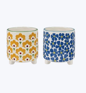 Ceramic  Flower Pattern Blue/Yellow Flower Pots 2 Ast