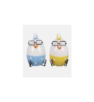Ceramic Blue and Yellow Chicken with Glasses 2 Ast