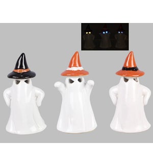 Ceramic LED Ghost with Witch Hat, 3 Assorted