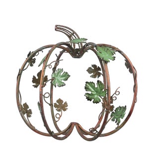 Wire Metal Pumpkin with Green Metal Leaf Accent