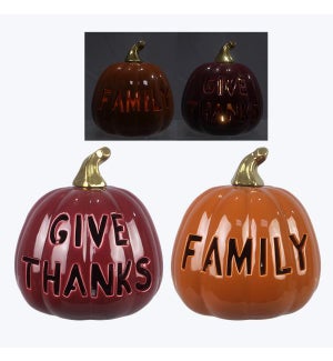 Ceramic Pumpkin Family, Give Thanks  with LED Light, 2 Assorted