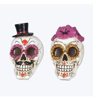 Resin Mr. and Mrs. Sugar Skulls with Color Changing LED Lights, 2 Assortment