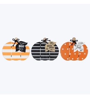 Wood Whimsical Tabletop Slat Board Pumpkin with Attachment, 3 Assorted