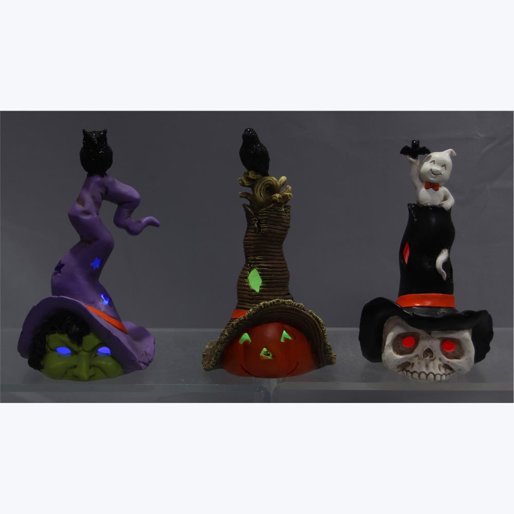 Resin Halloween Tabletop Figurines, 3 Assortment. Witch, Pumpkin, Skull