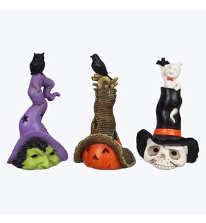Resin Halloween Tabletop Figurines, 3 Assortment. Witch, Pumpkin, Skull