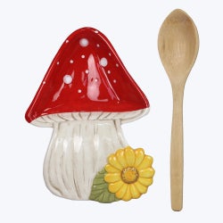 Ceramic Cottage Core Mushroom Spoon Rest with Wood Spoon Set