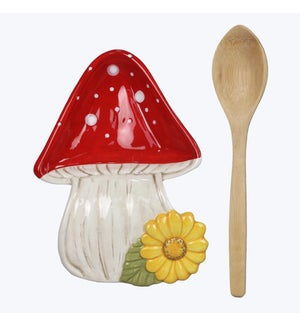 Ceramic Cozy Woodland Mushroom Spoon Rest with Wood Spoon Set
