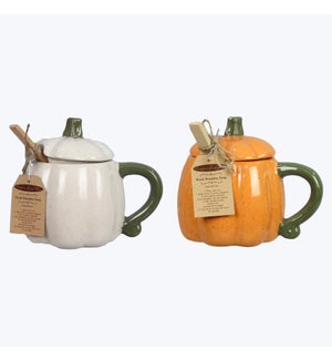 Ceramic Fall Tradition Pumpkin Soup Mugs with Lid and Wooden Spoon with Recipe Card, 2  Ast.