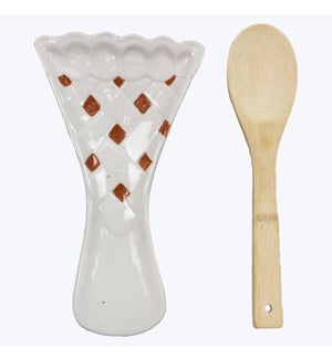 Ceramic Fall Tradition Pumpkin Pie Design Spoon Rest with Wood Spoon