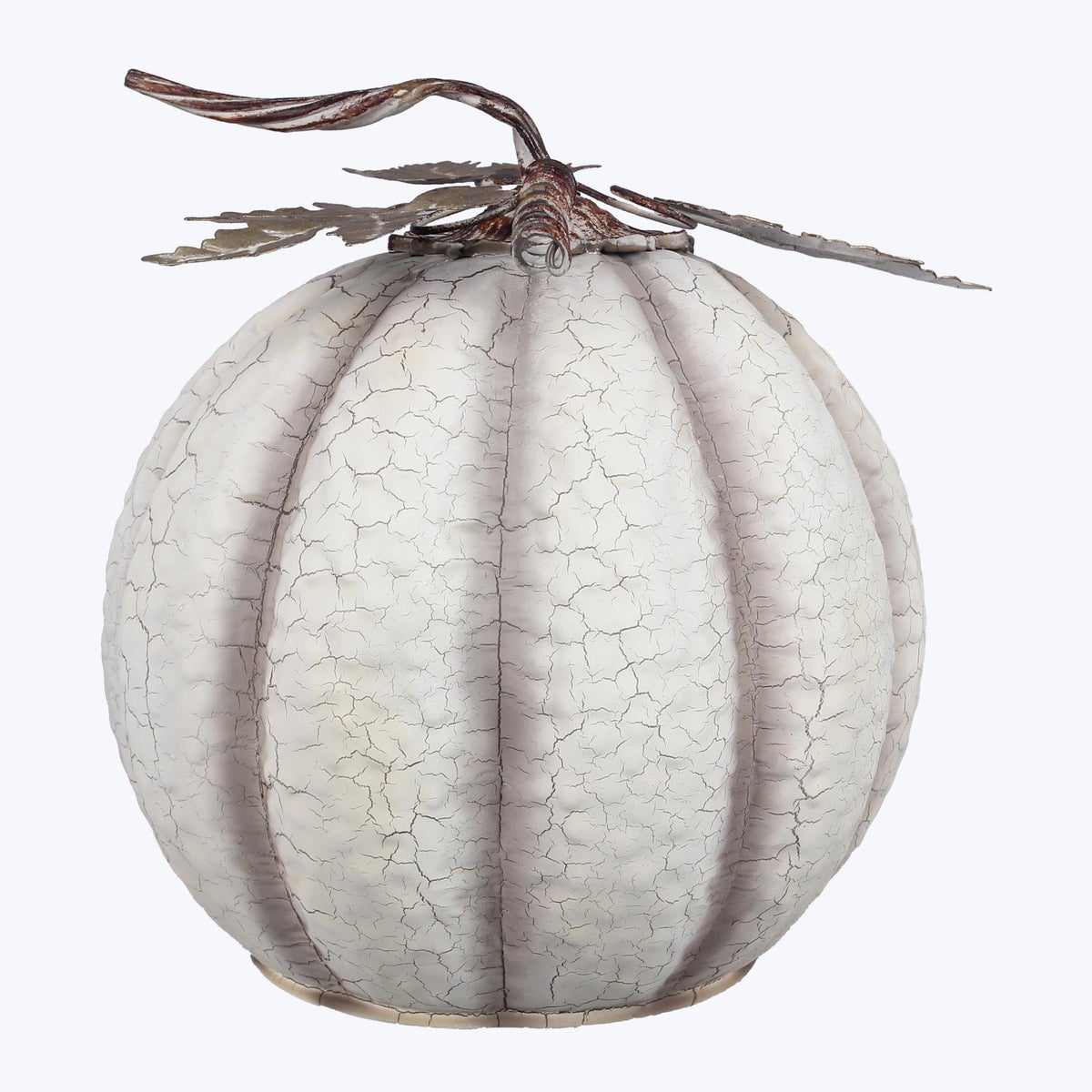 Tabletop White Crackled Speckled Pumpkin with Metal leaves