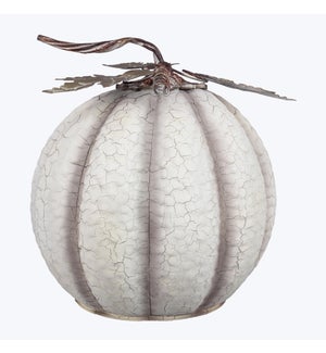 Tabletop White Crackled Speckled Pumpkin with Metal leaves
