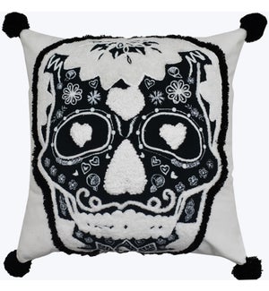 Cotton Halloween Skull Pillow with Pom-Poms