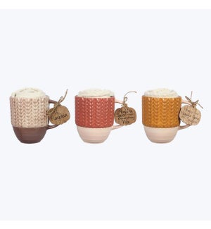 Ceramic Autumn Boho Cable Knit Textured Mug w/ Sock Gift Set, 3 Ast
