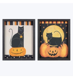 Wood Framed Black Cat Canvas 2 Ast
