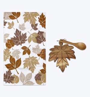 Wood Leaf Trivet/Towel /Spoon Gift to Go 3/Set