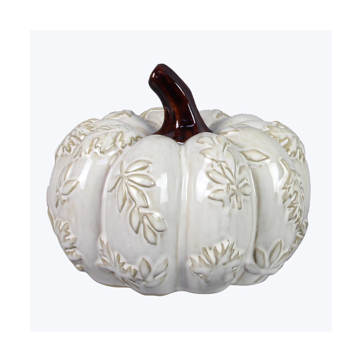 Stoneware Drip Glazed Tabletop Pumpkin with Leaves Design