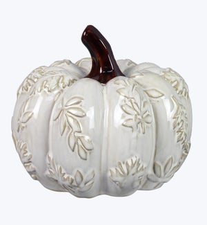 Stoneware Drip Glazed Tabletop Pumpkin with Leaves Design