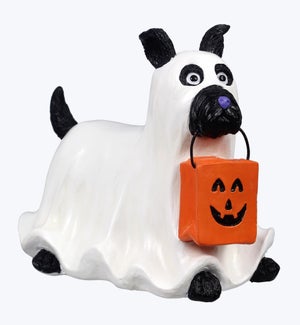 Resin Dog in Costume With Pumpkin Bag Tabletop