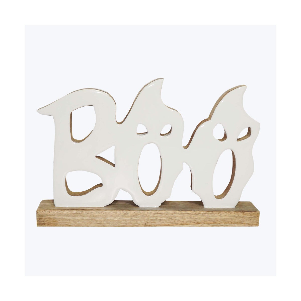 Mango Wood Tabletop Boo Word Sign with Ghosts Faces