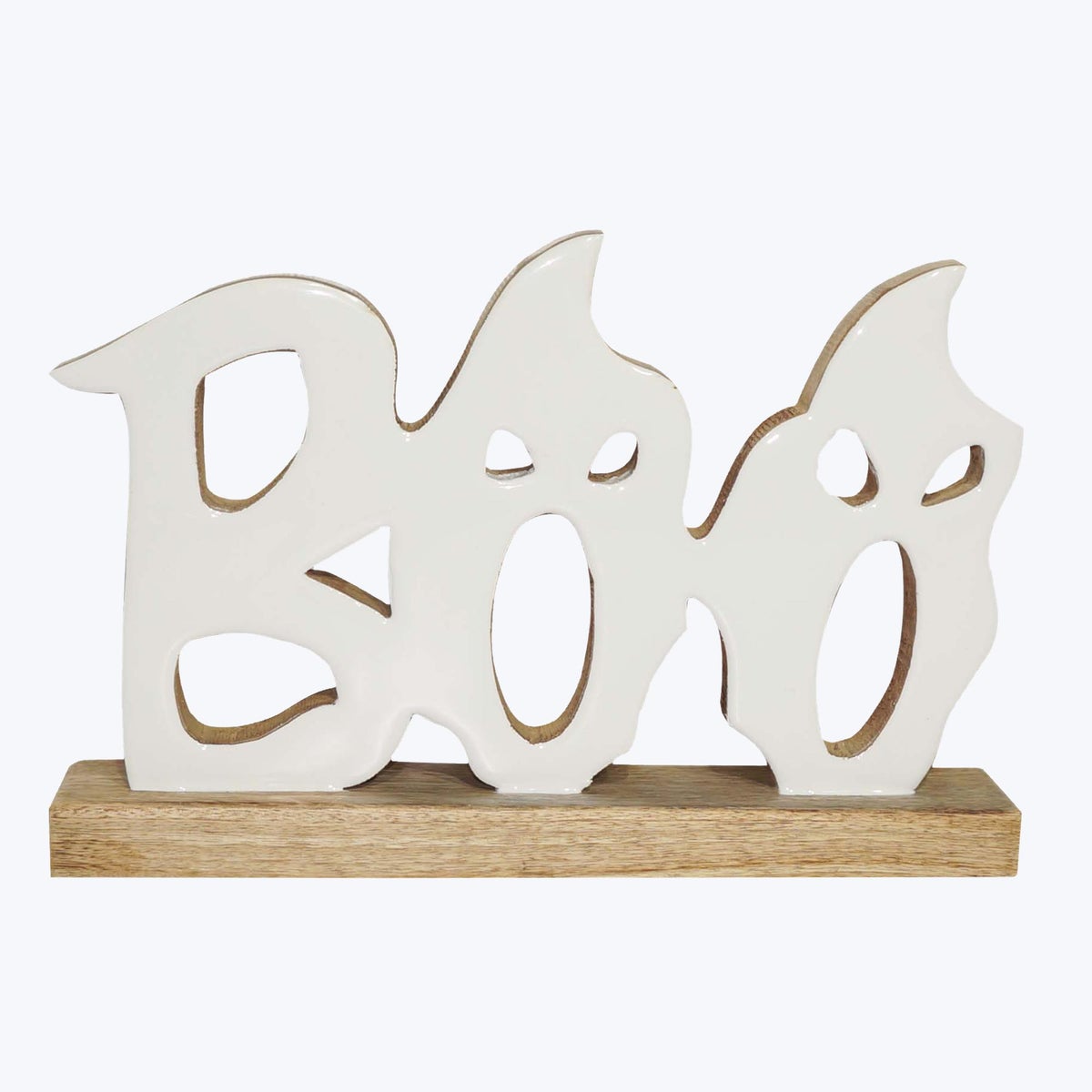 Mango Wood Tabletop Boo Word Sign with Ghosts Faces