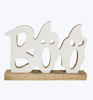 Mango Wood Tabletop Boo Word Sign with Ghosts Faces