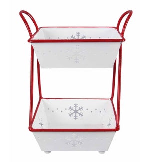 Metal Red and White 2 Tier Serving Tray with Snowflake Deisgn