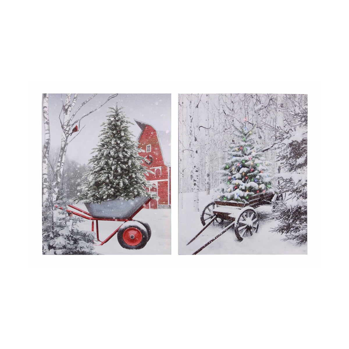 Canvas Fiber Optic Light Up Christmas Tree Winter Scene with Timer, 2 Ast