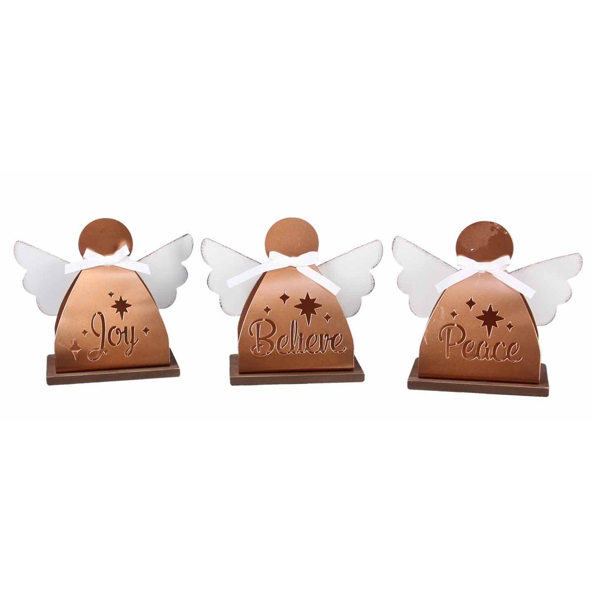 Tin Christmas Tabletop Angel with Laser Cutout Designs on Wood Base, 3 assorted