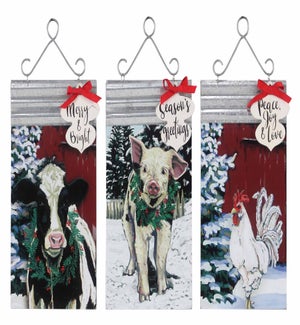 Tin Christmas Farm Animal Wall Sign with Cutout Wood Accent 3 Ast