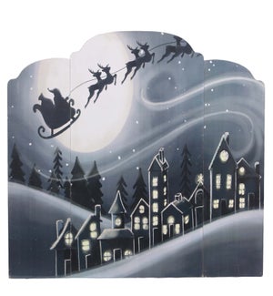 Wood Santa On Sled Christmas Night with Glitter Edge Houses.
