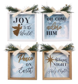 Wood Framed Christmas Sign with Artificial Pine, 4 Assorted