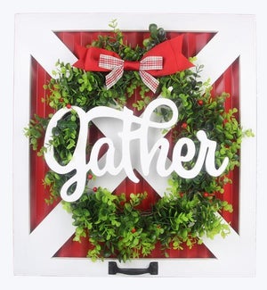 Wood Barn Door with Wreath Gather Sign