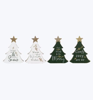 Wood Christmas Tree Shaped Tabletop Sign 4 Ast