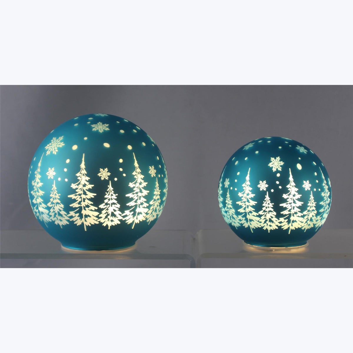 Blue Color Glass Ball with Tree Design Battery LED Light, 2 pcs/Set