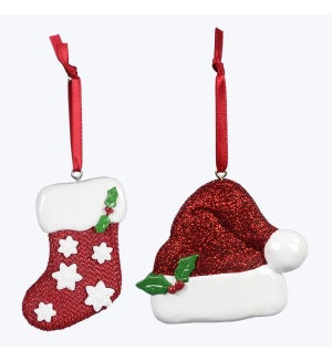 Resin Ornaments - Santa Stocking & Hat, 2 Ast.