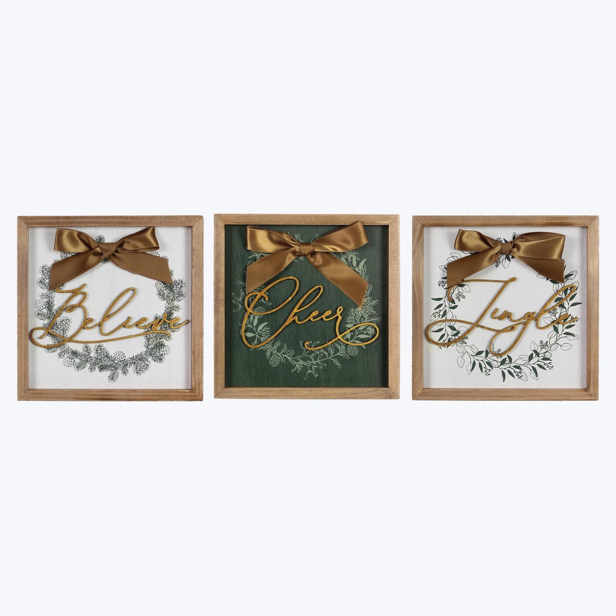 Wood Framed Wintergreen Box Signs with Wreath and 3D Lift Letters, 3 Assorted