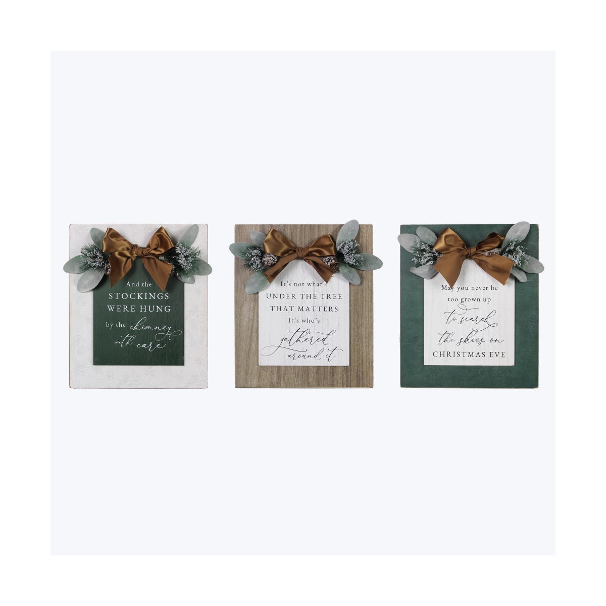 Wood Wintergreen Box Signs with Lift Board Attachment and Greenery 3 Ast
