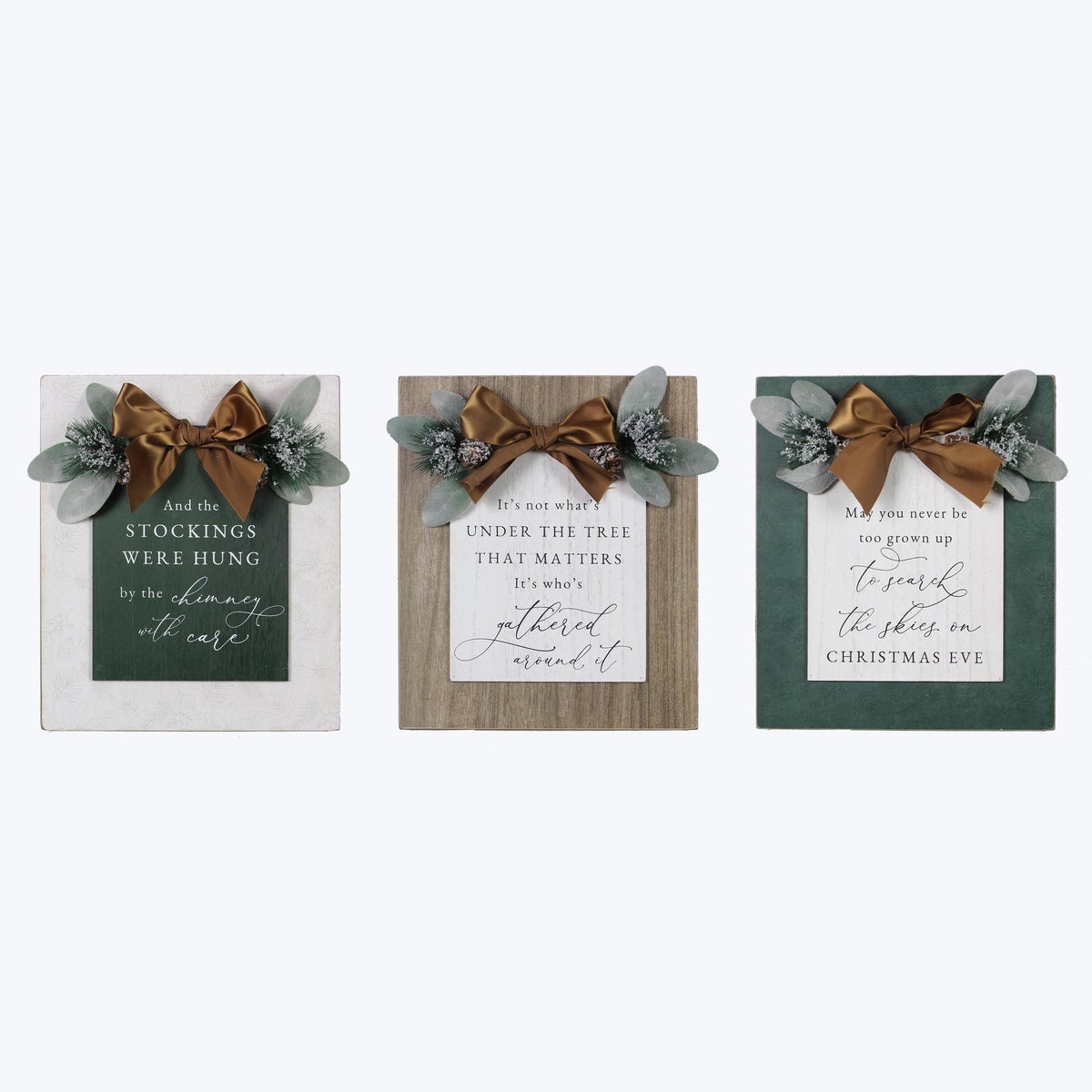 Wood Wintergreen Box Signs with Lift Board Attachment and Greenery 3 Ast