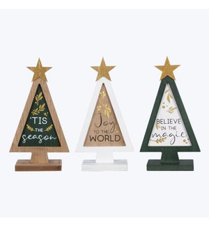 Wood Winter Solstice Tree Shaped Tabletop Signs, 3 Assorted