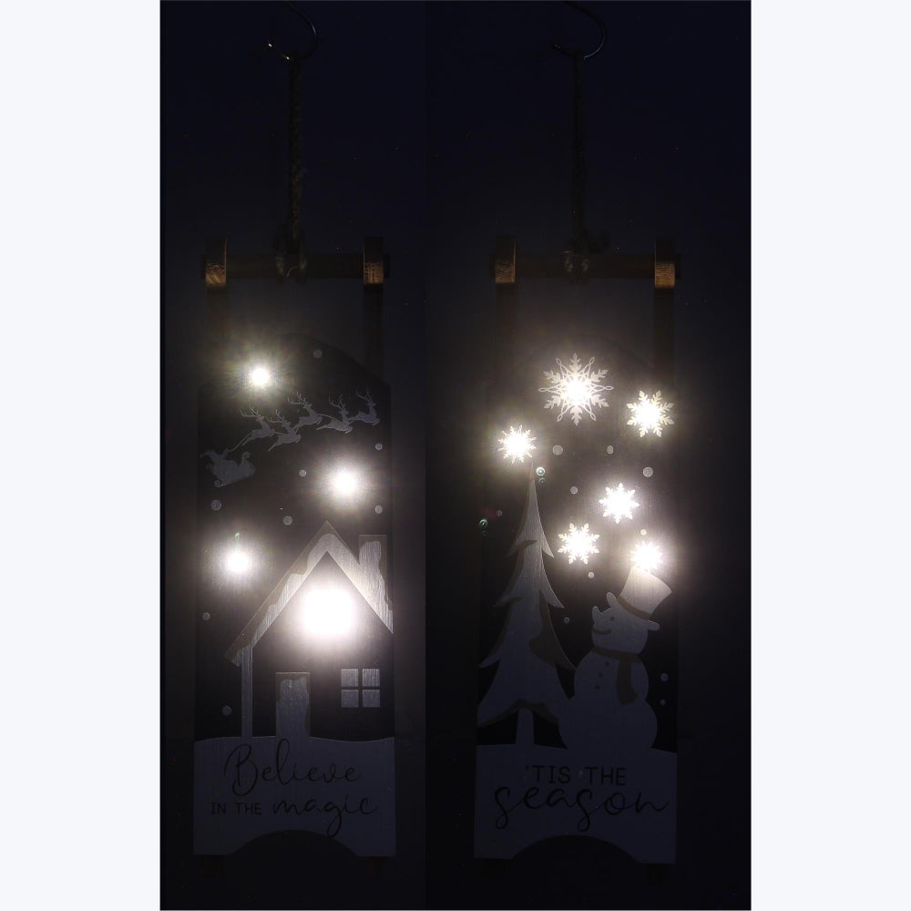 Wood Winter Solstice Sled Signs with LED 2 Ast