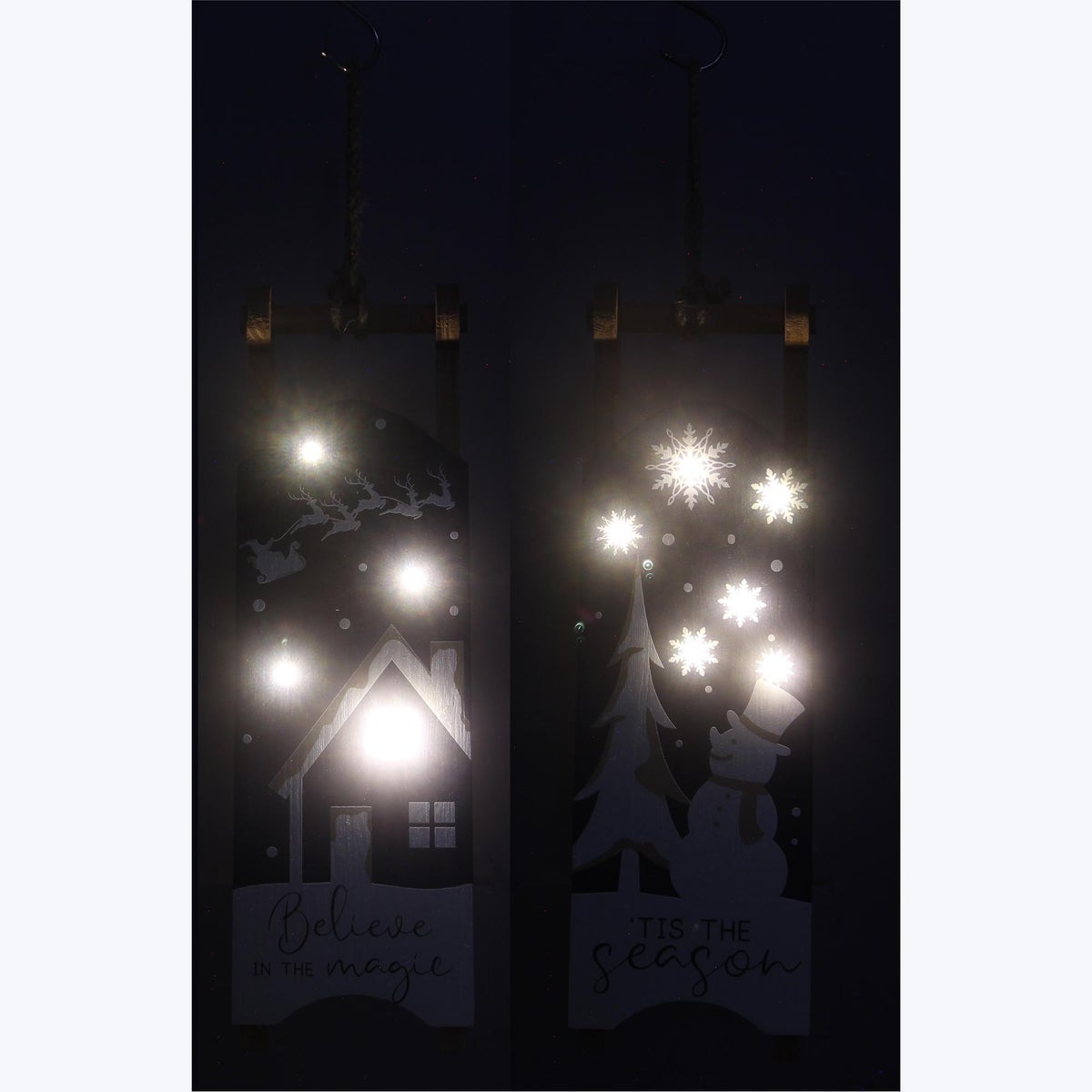 Wood Winter Solstice Sled Signs with LED 2 Ast