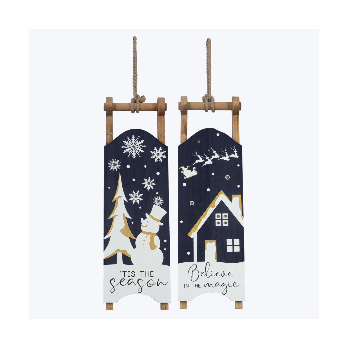 Wood Winter Solstice Sled Signs with LED 2 Ast