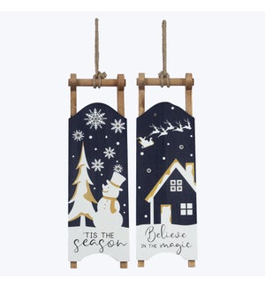 Wood Winter Solstice Sled Signs with LED, 2 Assorted