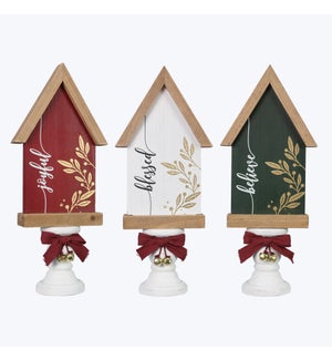 Wood Winter Solstice House Shaped Signs on Pedestal, 3 Ast