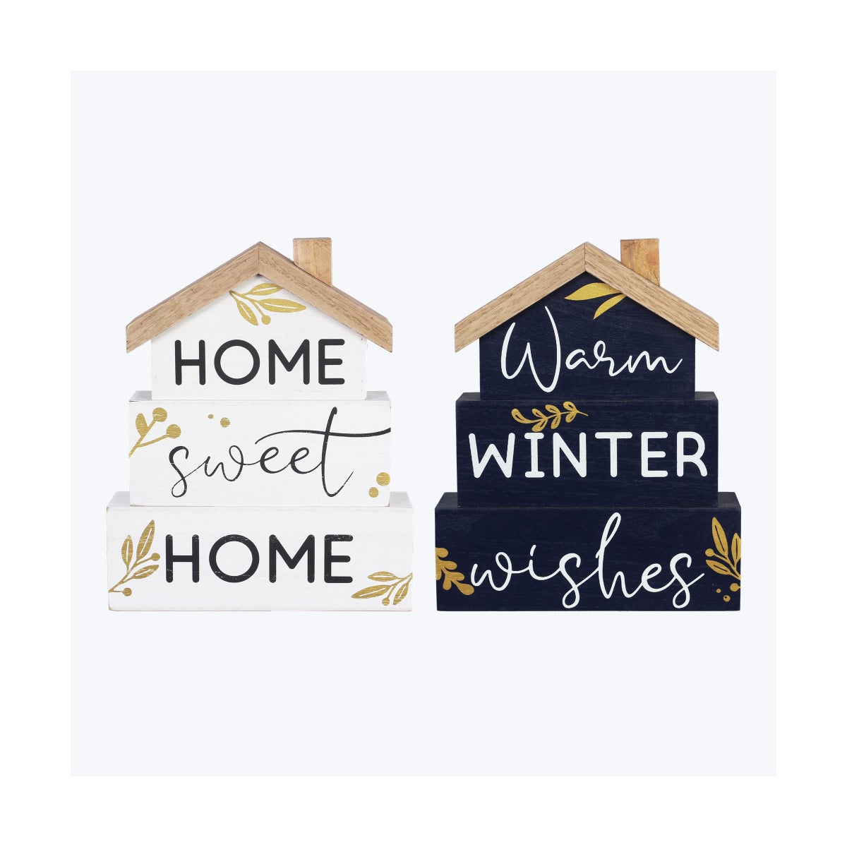 Wood Winter Solstice Stacked Wood House Tabletop Signs 2 Ast